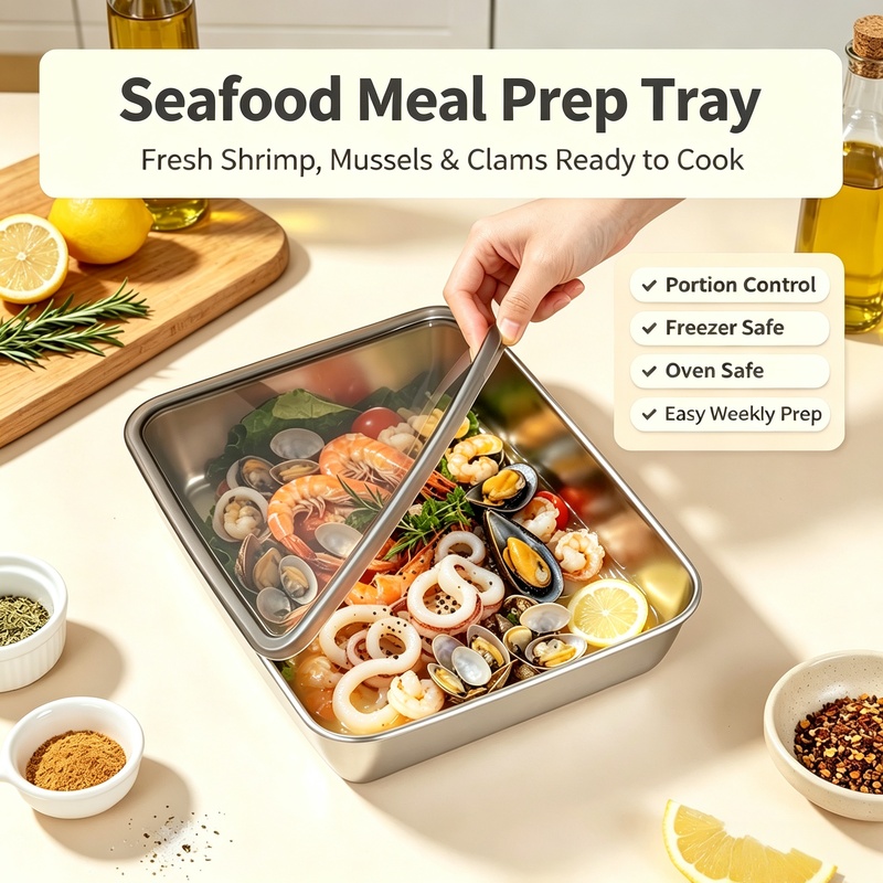 صينية مربعة من الفولاذ المقاوم - مراجعة Meal Prep Seafood وسعره